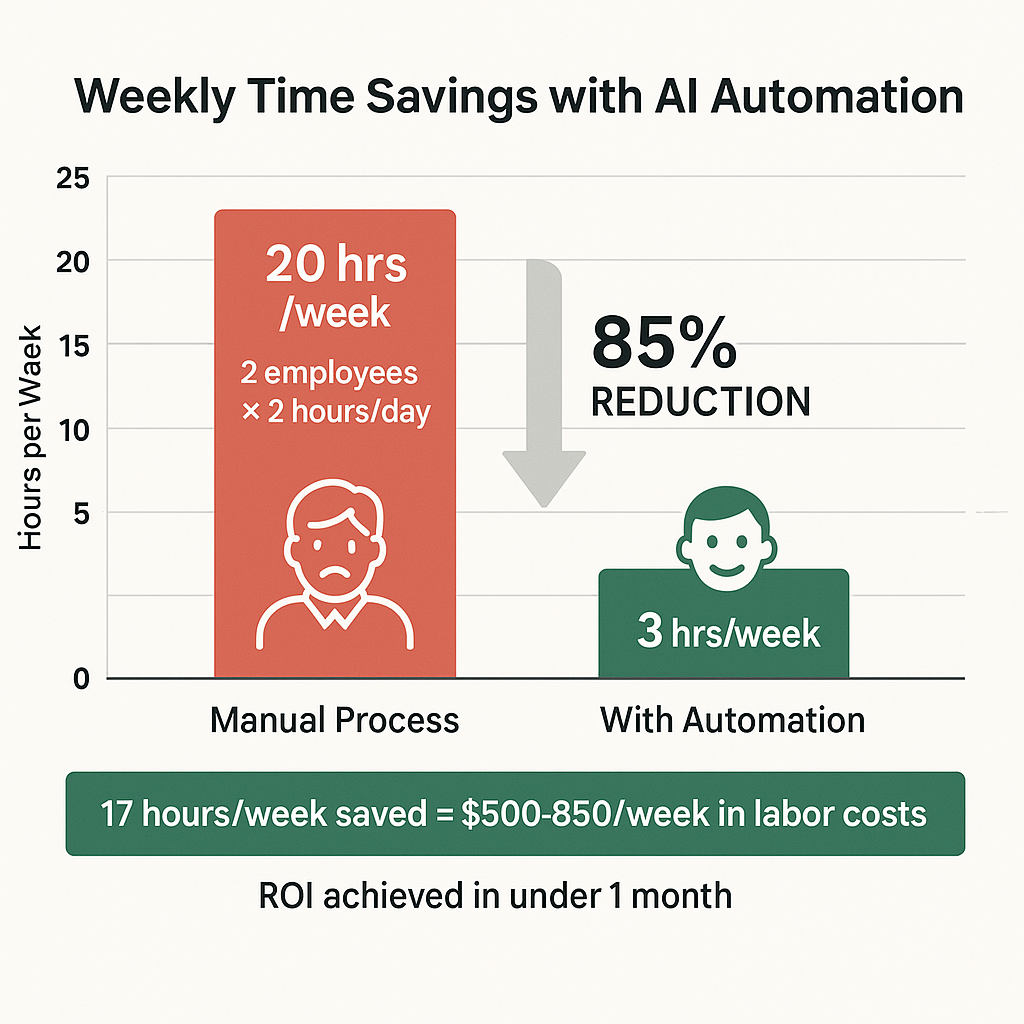 Time Savings Bar Chart showing 20 hours per week reduced to 3 hours with AI automation - 85% reduction