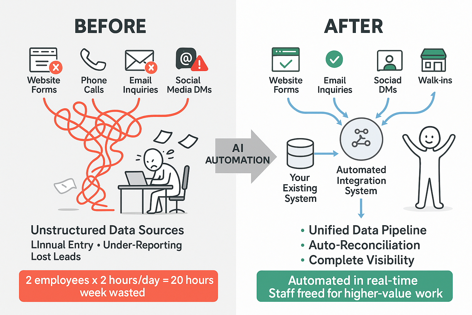 Before and After AI Automation - Lead Source Integration Workflow showing unstructured data sources becoming a unified automated system