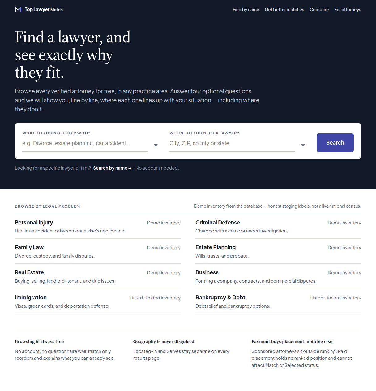 Screenshot of the Top Lawyer Match homepage
